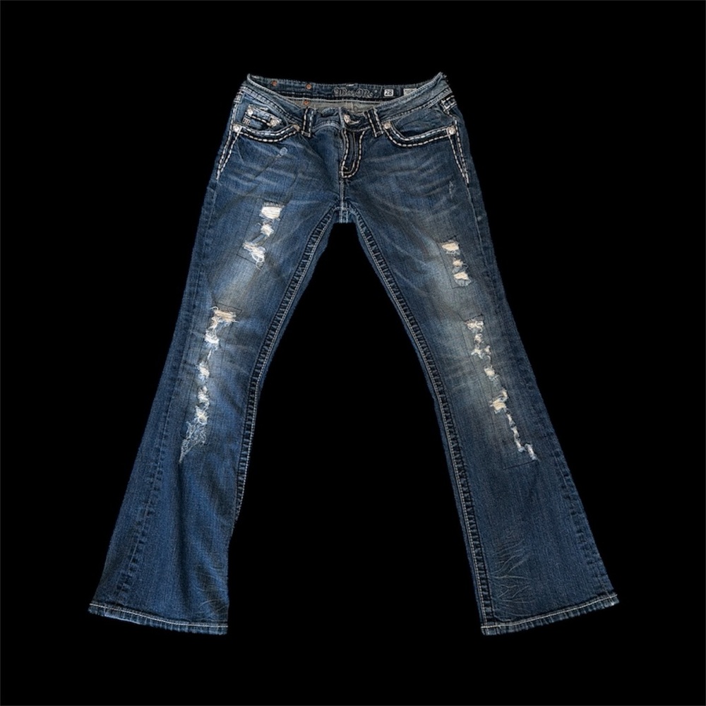 Miss Me Distressed Blue Boot Cut Jeans 28/30 waist actually measures 16 la flat